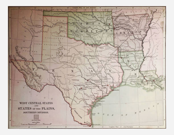 Antique illustration - 1878 Geography - Map of West Central States of the United States From Great Men and Famous Women texas map stock illustrations