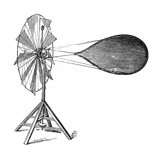 antyczna ilustracja, mechanika stosowana i maszyny: turbina wiatrowa johnsona - johnson & johnson stock illustrations