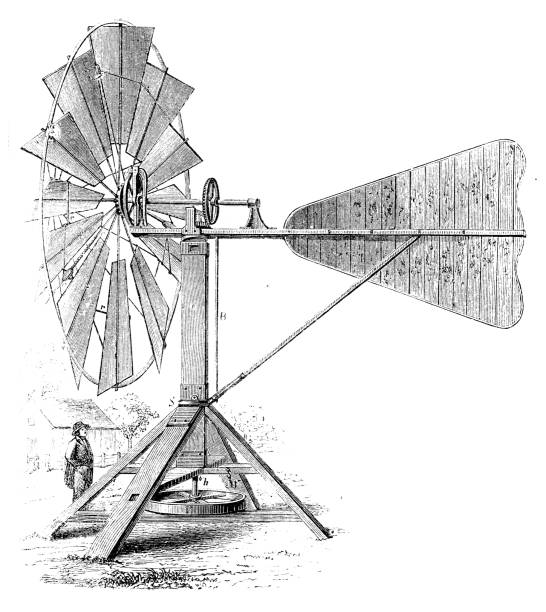 antyczna ilustracja, mechanika stosowana i maszyny: turbina wiatrowa johnsona - johnson & johnson stock illustrations