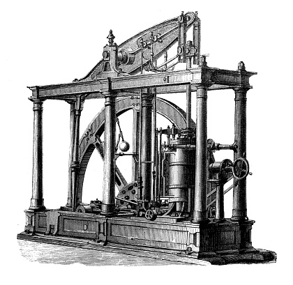 Antique illustration, applied mechanics: Steam powered machines, Watt
