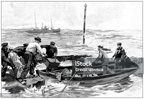 istock Antique illustration: Arriving at Roches-Douvres Lighthouse 1406211070