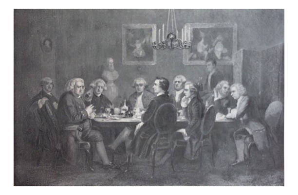 Antique illustration - Edmund Burke with a group of men around a table talking From Great Men and Famous Women edmund burke stock illustrations