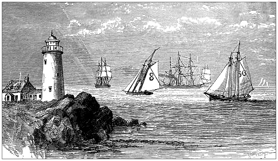 Antique illustration from school atlas: Lighthouse and pilot-boats