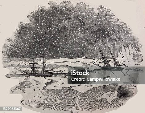 istock Antique illustration - Harper's Magazine -The Advance and Rescue in Melville bay - sailing ships on arctic exploration 1329081367