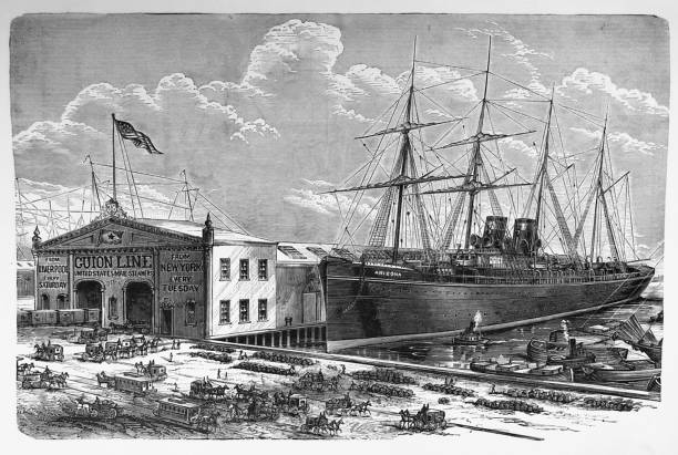 antik illüstrasyon - new york 1881 - ss arizona i̇ngiliz yolcu gemisi new york'ta demirledi - liverpool stock illustrations
