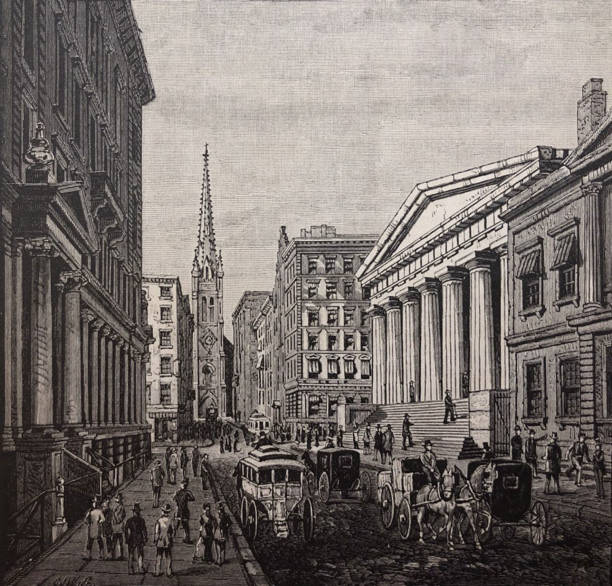 Antique illustration - New York 1881 - Wall Street with Treasury Building at the right and Trinity Church at the head of the street New York 1881 wall street stock illustrations