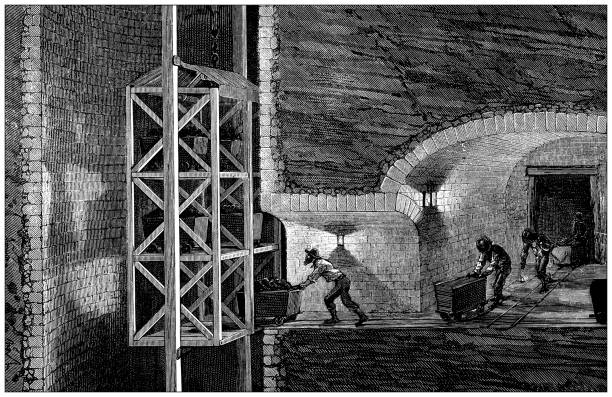 Antique illustration of 19th century industry, technology and craftsmanship: Coal mine vector art illustration