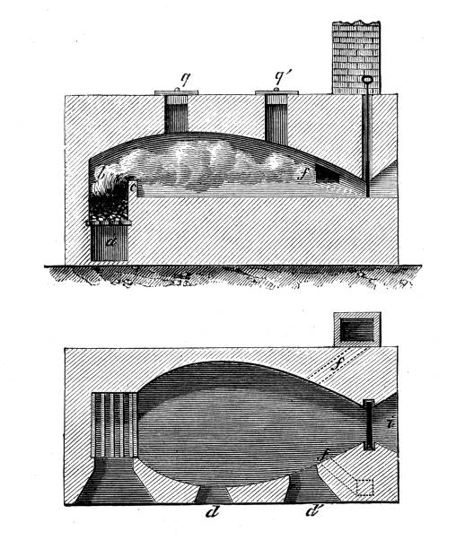 antyczna ilustracja 19-wiecznego przemysłu, technologii i rzemiosła: piec sodowy - soda stock illustrations