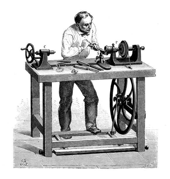 Antique illustration of 19th century industry, technology and craftsmanship: Turning machine, lathe vector art illustration