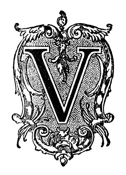 Antique illustration of decorated capital letter V Antique illustration of decorated capital letter V, depicted on a dotted background within a roughly rectangular ornate frame drawing of a fancy letter v stock illustrations