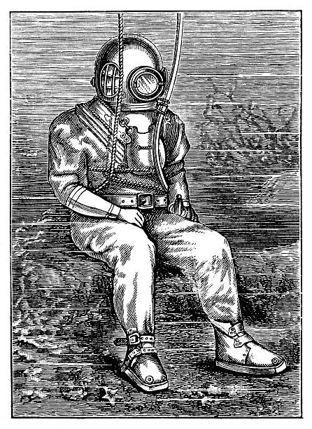 Antique illustration of deep sea diver Antique illustration of deep sea diver deep sea diving stock illustrations
