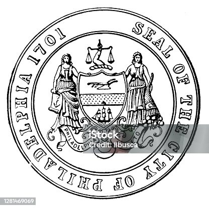 istock Antique illustration of historic towns of the middle States: Philadelphia, Seal of the city 1281469069