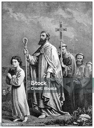 istock Antique illustration of important people of the past: St Patrick journeying to Tara 1208554677