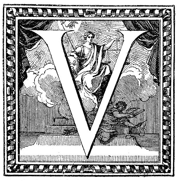 Antique illustration of letter V with personification of Lady Justice Antique illustration of a capital letter V, illustrated within a decorated frame. Behind the letter, at the centre of it, there is an illustration of a woman, Lady Justice, wearing a classic antique dress, and holding a scale (symbol of justice, equity) and a sword. sitting on a cloud and leaning on a small Earth. At the bottom of the cloud, laying on the steps of a pedestal, there is the Archangel Michael (winged) with sword  and scale. At the top, between two curtains, there is also the Sun (God) irradiating and overlooking the scene. In the background a series of stylized lilies (fleur-de-lis or fleur-de-lys), symbol of the French royal family. drawing of a fancy letter v stock illustrations