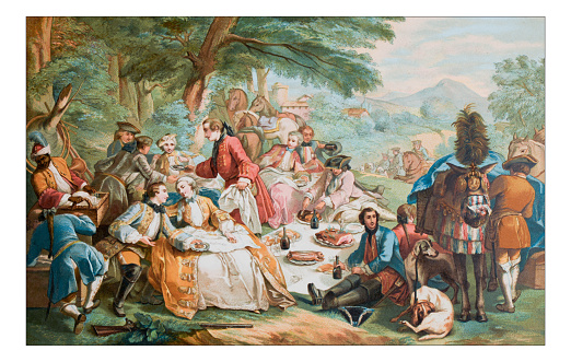 Antique illustration of outdoor party lunch during hunting
