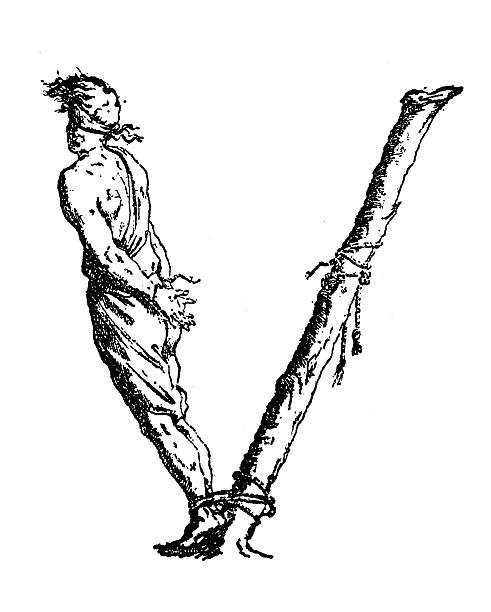 Antique illustration of personified letter V with convicted man Antique illustration of personified, humanized capital letter V, created by the connection of a man's body and a diagonal line. The right part of the letter V is a wood trunk with a rope at the bottom. This rope ties the trunk to the feet of a man. The body of this man constitutes the left line of the letter V, representing a blindfolded man with the hands tied, likely waiting for a death sentence to be carried out. drawing of a fancy letter v stock illustrations