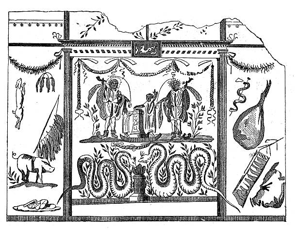 illustrazioni stock, clip art, cartoni animati e icone di tendenza di illustrazione di epoca romana di pompei da una cucina all'aperto - pompei