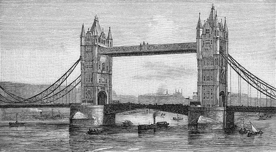 Vintage engraving of Tower Bridge, London, England. A combined bascule and suspension bridge in London. The bridge crosses the River Thames close to the Tower of London and has become an iconic symbol of London. 