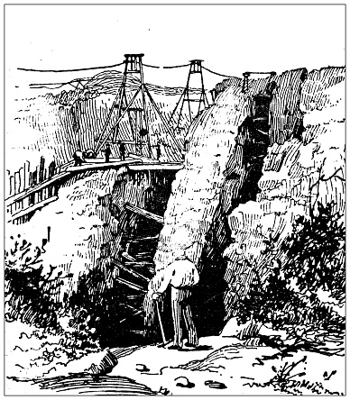 Antique illustration of USA, Michigan landmarks and companies: Iron ore mining