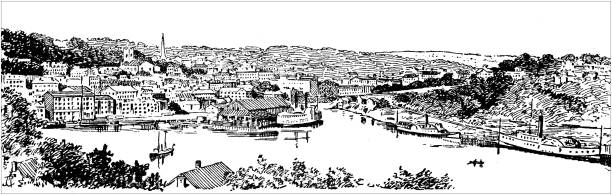ilustrações de stock, clip art, desenhos animados e ícones de antique illustration of usa: norwich harbor and thames river, connecticut - norwich