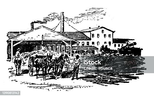 istock Antique illustration of USA, Texas landmarks and companies: Houston, Sugar Mill 1390813142