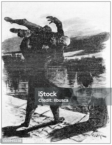 istock Antique illustration: Throwing man into river 1305993238