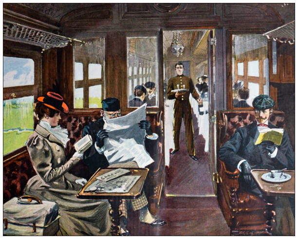Antique illustration: Train wagon restaurant dining car vector art illustration
