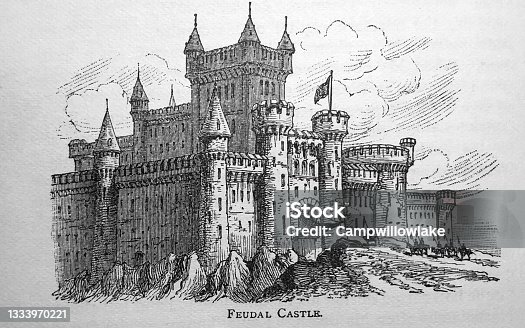 istock Antique illustration - World History - large feudal castle with clouds behind it 1333970221