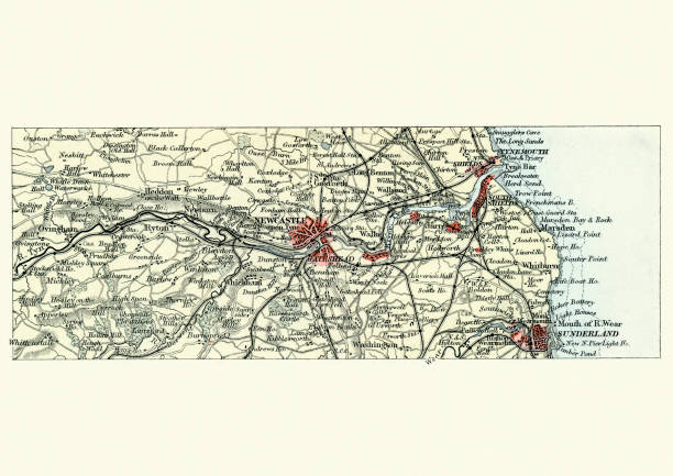 古色古香的地圖, 紐卡斯爾在泰恩河畔和桑德蘭, 第十九世紀 - sunderland 幅插畫檔、美工圖案、卡通及圖標