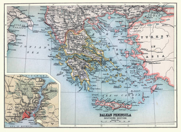 Antique map of Balkan Peninsula, Southern section, with detail on area surrounding Constantinople, Greece, Turkey, Crete, 19th Century, 1890s vector art illustration