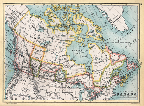 Antique map of Canada in 1890s, Victorian 19th Century