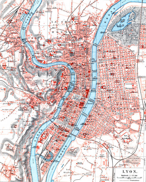 lyon fransa 1897 şehrinin antik haritası - lyon stock illustrations