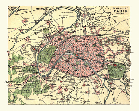 Antique Map of Environs of Paris, France, 1890s, 19th Century