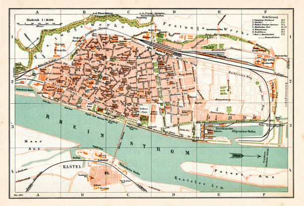antique map of mainz germany 1896 - sainz stock illustrations