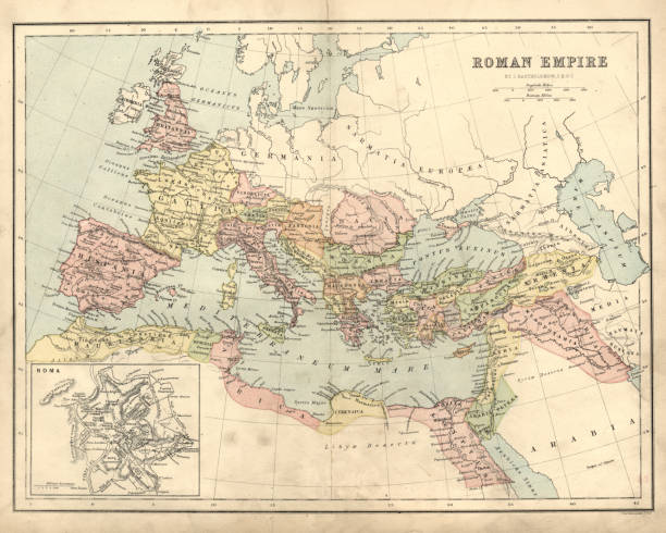 Antique map of the Roman Empire Antique map of the Roman Empire, with a detail on Rome ancient rome stock illustrations
