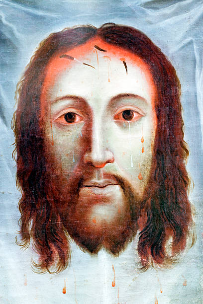 Antique oil painting of Jesus Christ face on white cloth  easter sunday stock illustrations