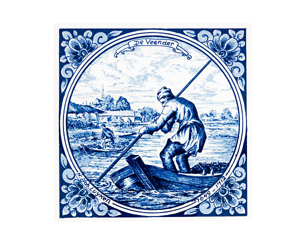 stockillustraties, clipart, cartoons en iconen met antique tile with blue drawing byjoh luyken - ferry - pensioen nederland