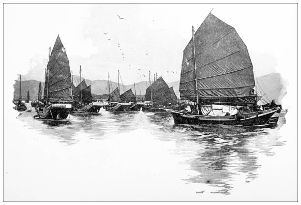 Antique travel photographs of China and Hong Kong: Boats vector art illustration