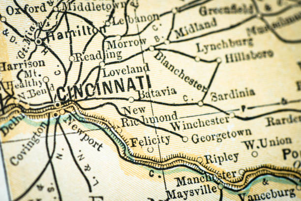 Antique USA map close-up detail: Cincinnati, Ohio  cincinnati stock illustrations