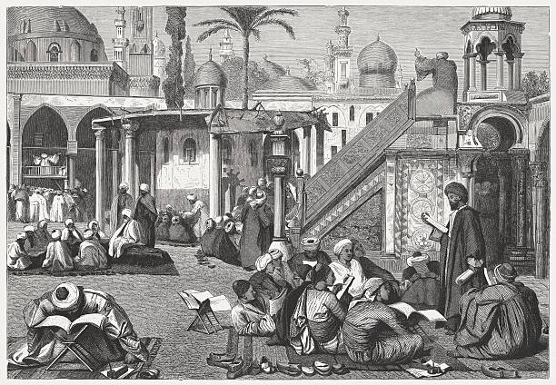 stockillustraties, clipart, cartoons en iconen met arab university in cairo, egypt, wood engraving, published in 1869 - arabic student