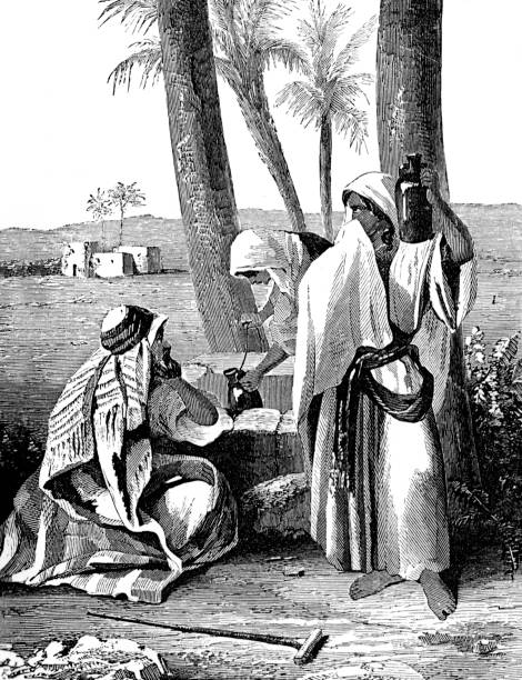Arabs at a well Arabs at a well from the pre-1900 book "The Land and the Book" from 1879. thomas wells stock illustrations
