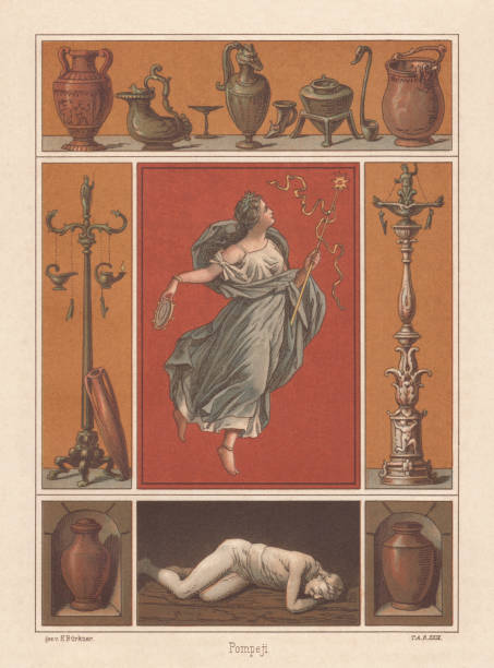 illustrazioni stock, clip art, cartoni animati e icone di tendenza di reperti archeologici di pompei, litografia, pubblicata nel 1883 - pompei