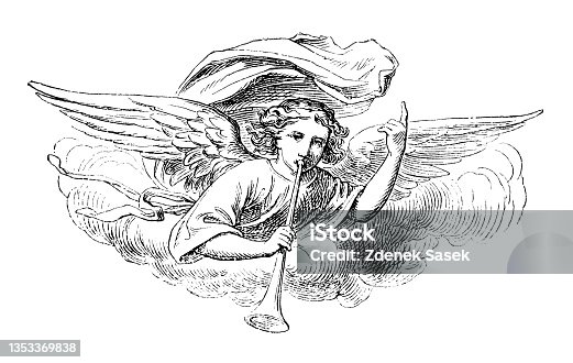 istock Archangel Gabriel or Angel Blowing Trumpet. Bible. Vintage Antique Drawing 1353369838