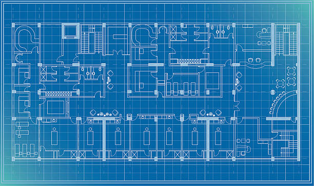 architectural plan blueprint architectural plan blueprint vector of a health center with treatment units, spa,sauna,cafe, pdf,png,ai8 incl. office drawings stock illustrations