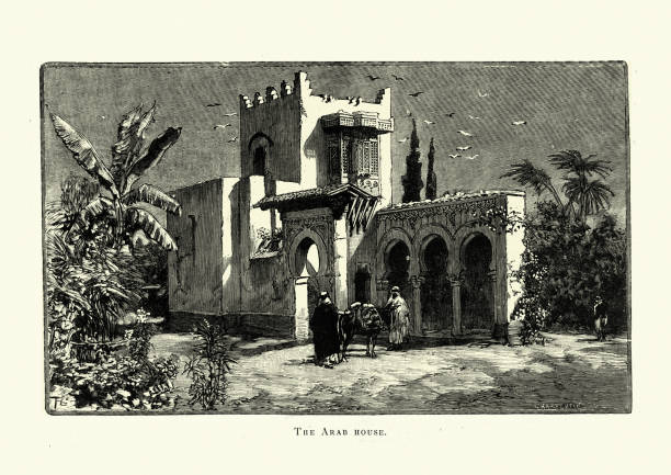 Architecture, Example of a traditional Arab house, 19th Century vector art illustration