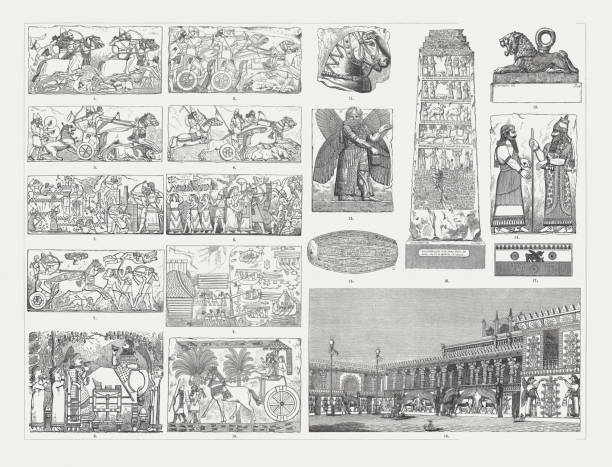 Architecture of Mesopotamia, wood engravings, published in 1893 Architecture of Mesopotamia: 1) Assyrian warriors on horseback; 2) Assyrian warriors with chariots; 3) Lion hunt; 4) Bull hunting; 5) Siege of a city; 6) Conquest of a fortress, deportation of the prisoners; 7) Assyrian king Sardanapalus in his chariot; 8) Activities at sea; 9) Assyrian king Ashurbanipal (reig. 668-626 BC) and his queen in his royal garden (Nineveh, Iraq); 10) Victoriously returning Assyrian king; 11) Horse head (Nineveh); 12) Bronze lion (Nineveh); 13) Blessing genius (winged man, Nineveh); 14) Sargon II (right) and a dignitary. Sargon II's palace at Dur-Sharrukin, c. 716 - 713 BC, bas-relief, exhibited at the Louvre; 15) cylinder with cuneiform scripts; 16) Shalmaneser III (reign. 860 BC - 825) and Israel (black limestone obelisk, 841 BC, Nimrud); 17) Mosaic ornament; 18) Visual reconstruction of the northern part of the palace of Dur Sharrukin (Khorsabad, Iraq). Wood engravings, published in 1893. sumerian civilization stock illustrations