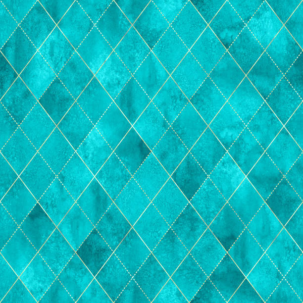Argyle geometric watercolor seamless pattern Watercolor argyle abstract geometric plaid seamless pattern with gold glitter line contour. Watercolour hand drawn light teal turquoise texture background. Print for textile, wallpaper, wrapping. harlequin stock illustrations