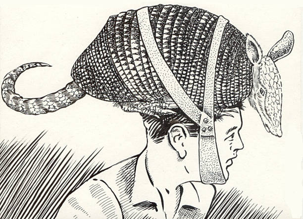 armadillo hat illustration of a young man wearing an armadillo as a hat, why? ...because the beaver wouldn't fit! humor illustrations stock illustrations