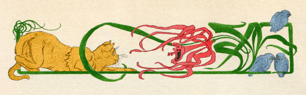 Art nouveau design element for decoration cat chasing birds behind flower drawing 1898 vector art illustration