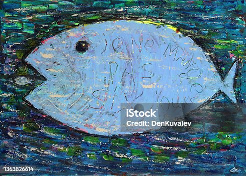 istock Art painting of the fish with sign in French - Je ne mange pas six jours (I didn't eat six days) 1363826614